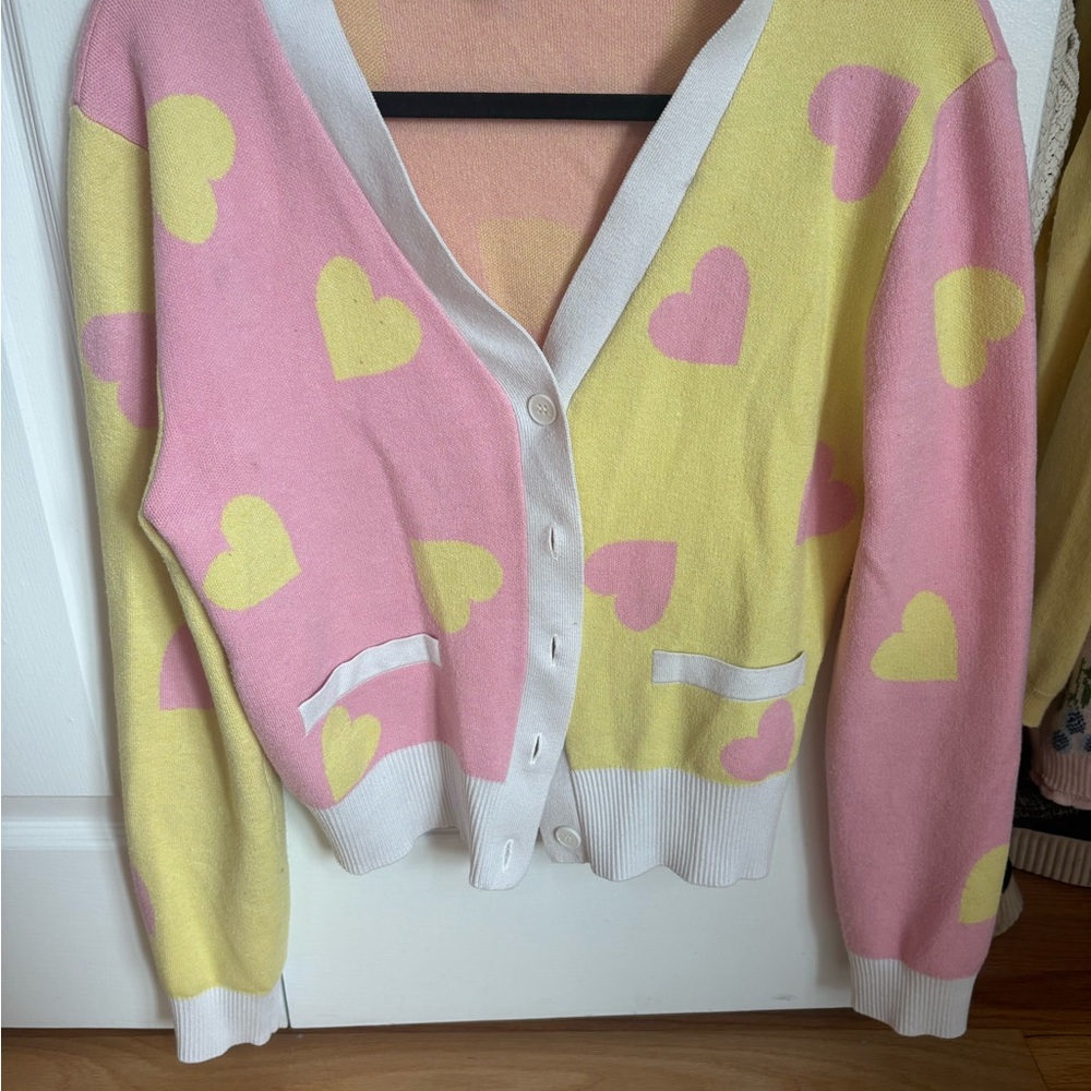 English Factory Pink and Yellow Heart Cardigan Sweater